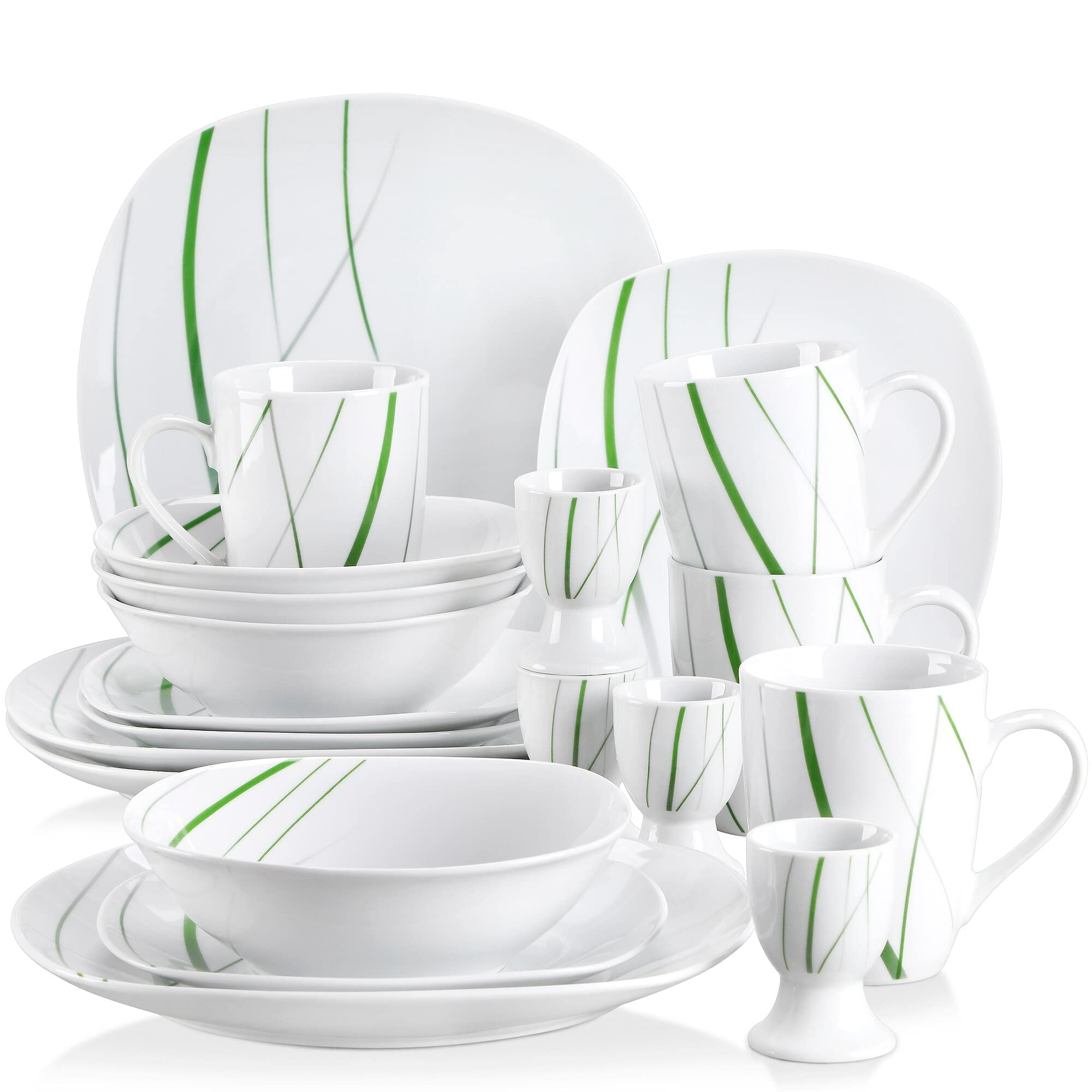 20-częściowy porcelanowy zestaw zastawy stołowej – ceramiczna zastawa stołowa z 4 kubkami na jajka, kubkami, talerzami deserowymi, miseczkami i talerzami obiadowymi, elegancki zestaw kuchenny do