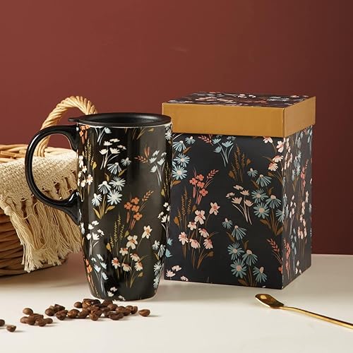 Miniatura 2 de DUSVALLY Juego de 2 tazas de viaje de cerámica con asa, tapa deslizante resistente a salpicaduras, perfecta para café y té, apta para microondas y