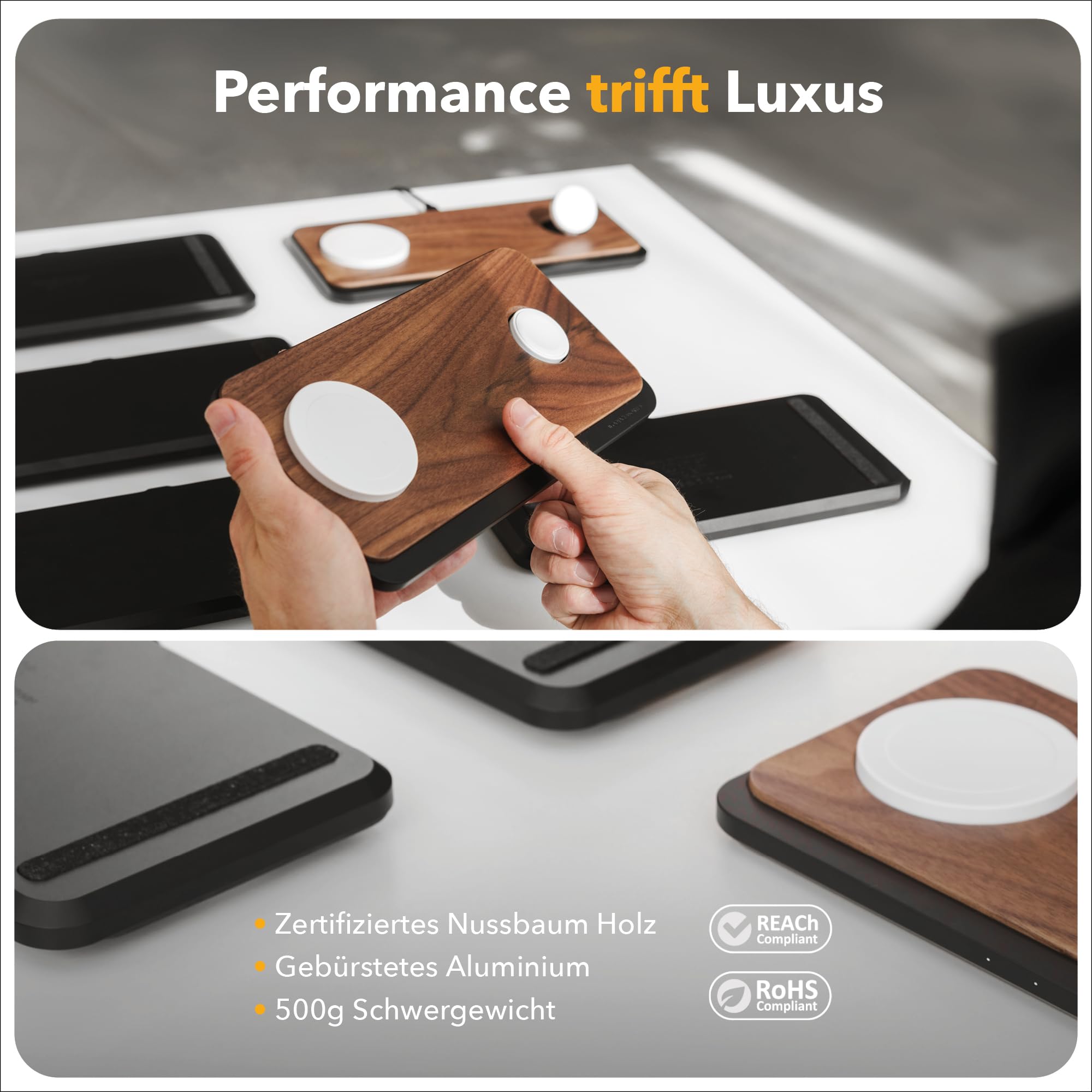 Woodcessories Multibase Pro - Stazione di ricarica 3 in 1 in legno | Magsafe Caricabatterie | Stazione di ricarica induttiva per iPhone, Apple Watch, Air Pods con adattatore da 45 W