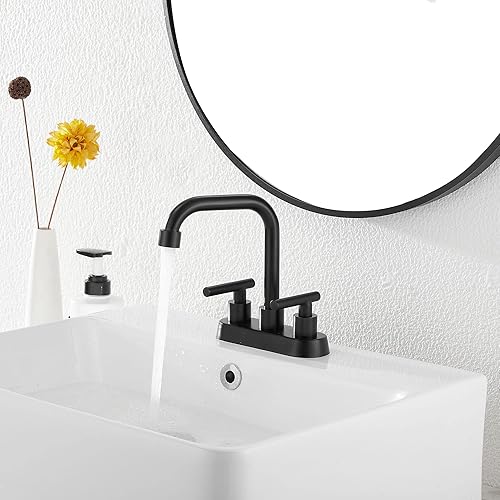 Miniatura 9 de GGStudy - Grifo de lavabo de baño negro mate, 2 asas, 4 pulgadas, grifo negro con montaje de drenaje y manguera de suministro, grifo de lavabo