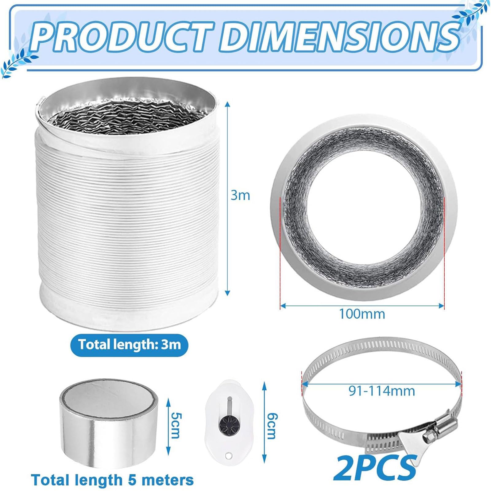 Tubo Flexible de Salida 100mm 3 m Blanco Manguera de Ventilación de Aluminio con 2 Abrazaderas Acero Flexible di Aluminio PVC Tubo Manguera Aire para Extractor de Aire Climatización Secadora