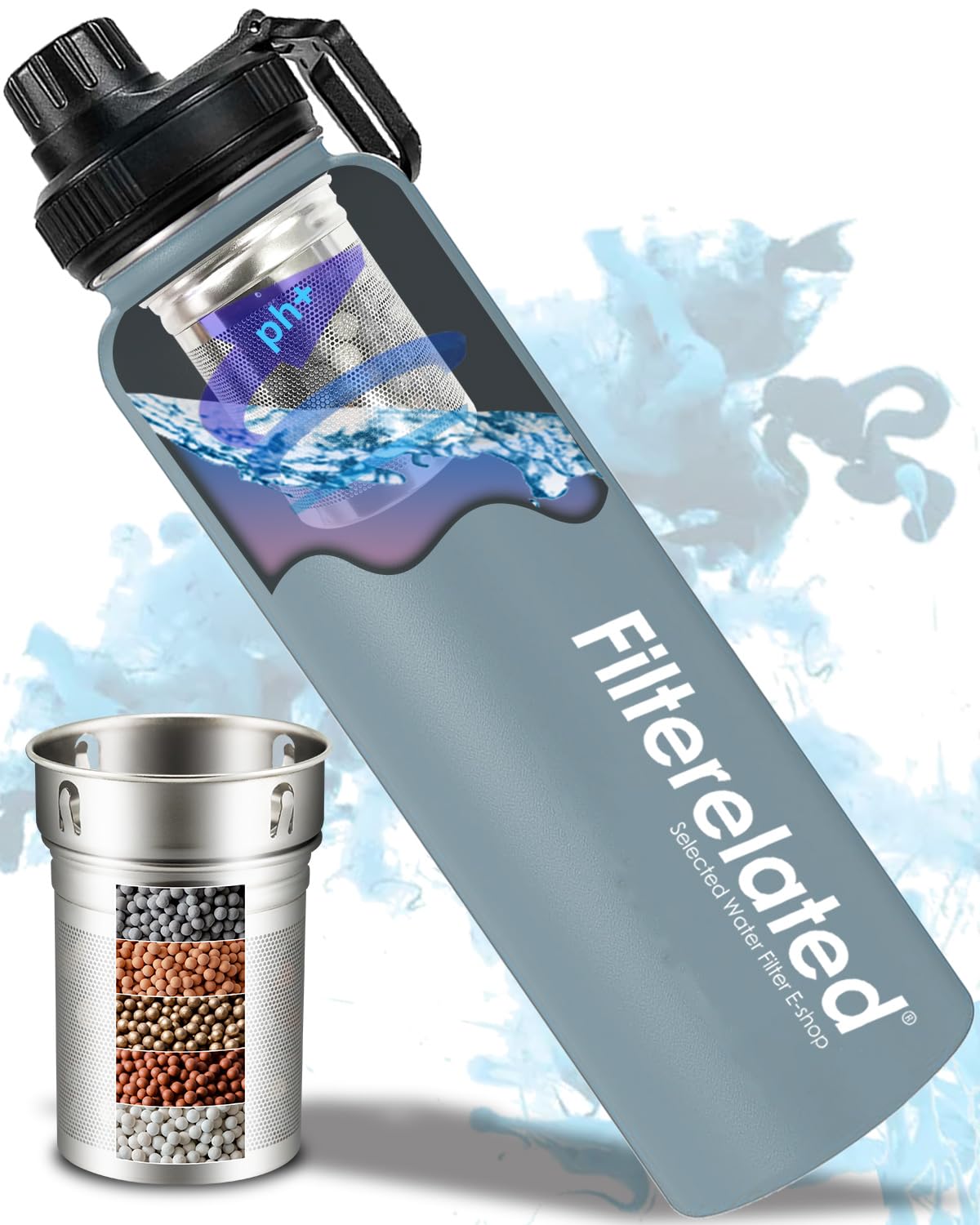 Alkaline Water Stainless Steel Portable Filter Bottle, Grey, 800 ML