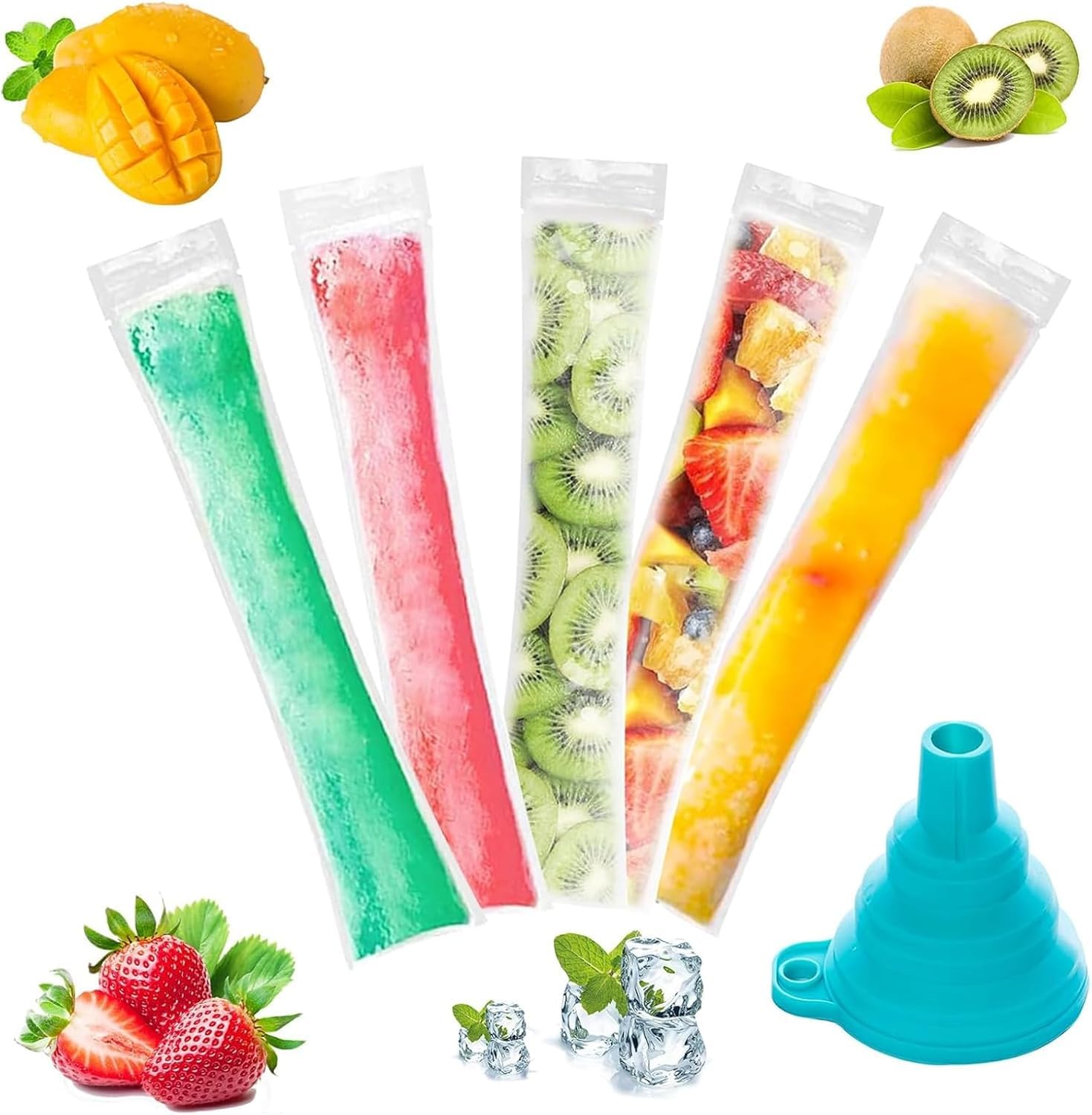 Scettar 80 Pcs Ice Pop Bags, Disposable Popsicles Moulds Bags with Funnel BPA Free Ice Lolly Bag for DIY Popsicle Maker Healthy Snack Food Yogurt Sticks Juice Fruit Smoothies