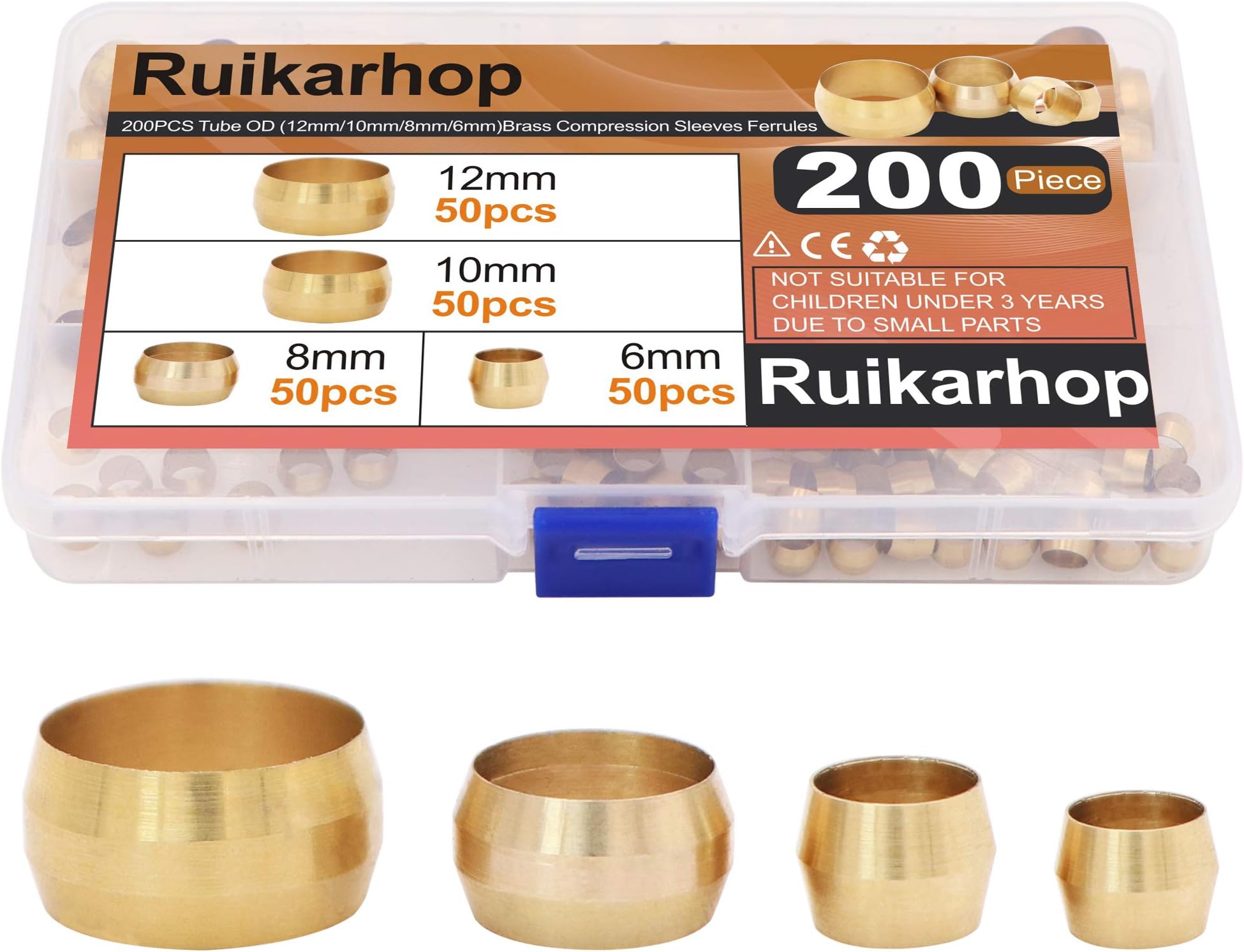Ruikarhop 200PCS Tube OD（6mm 8mm 10mm 12mm) Brass Compression Sleeves Ferrules,Brass Compression Fitting Assortment Kit