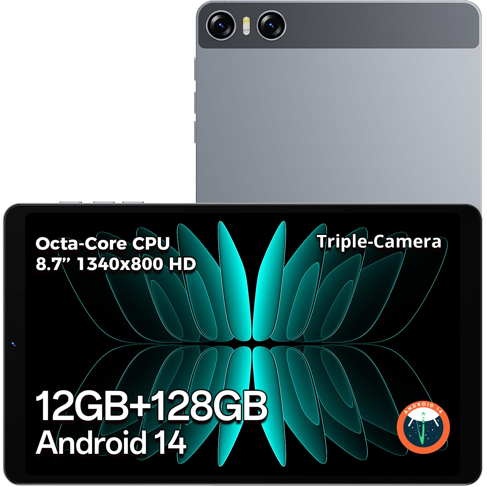 Tabletas: Android 14, tableta de 8,7 pulgadas, procesador octa-core, 12 GB de RAM, 128 GB de almacenamiento (ampliable), pantalla táctil IPS de 1340x800, batería tipo c de 5000 mAh, WiFi de 2,4/5 GHz, BT 5.0