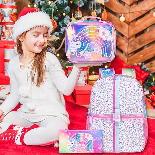 Miniatura 3 de KLFVB Mochila de dinosaurio de unicornio de 3 piezas para niñas y niños, bolsa de libros y lonchera con lentejuelas de 16 pulgadas, Unicornio Rosa 3