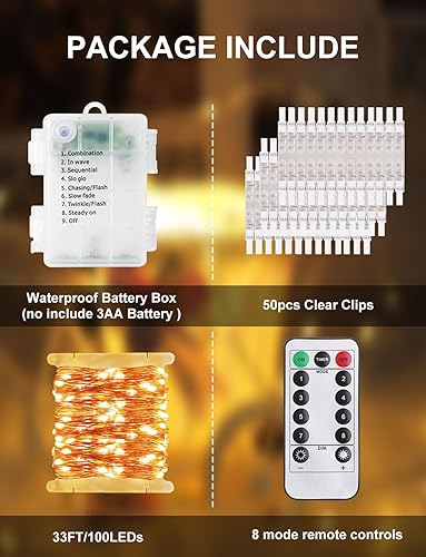 Miniatura 2 de Cadena de luces con clip para fotos con control remoto, 33 pies, 100 luces LED a pilas, luces estrelladas de alambre de cobre impermeables con 50