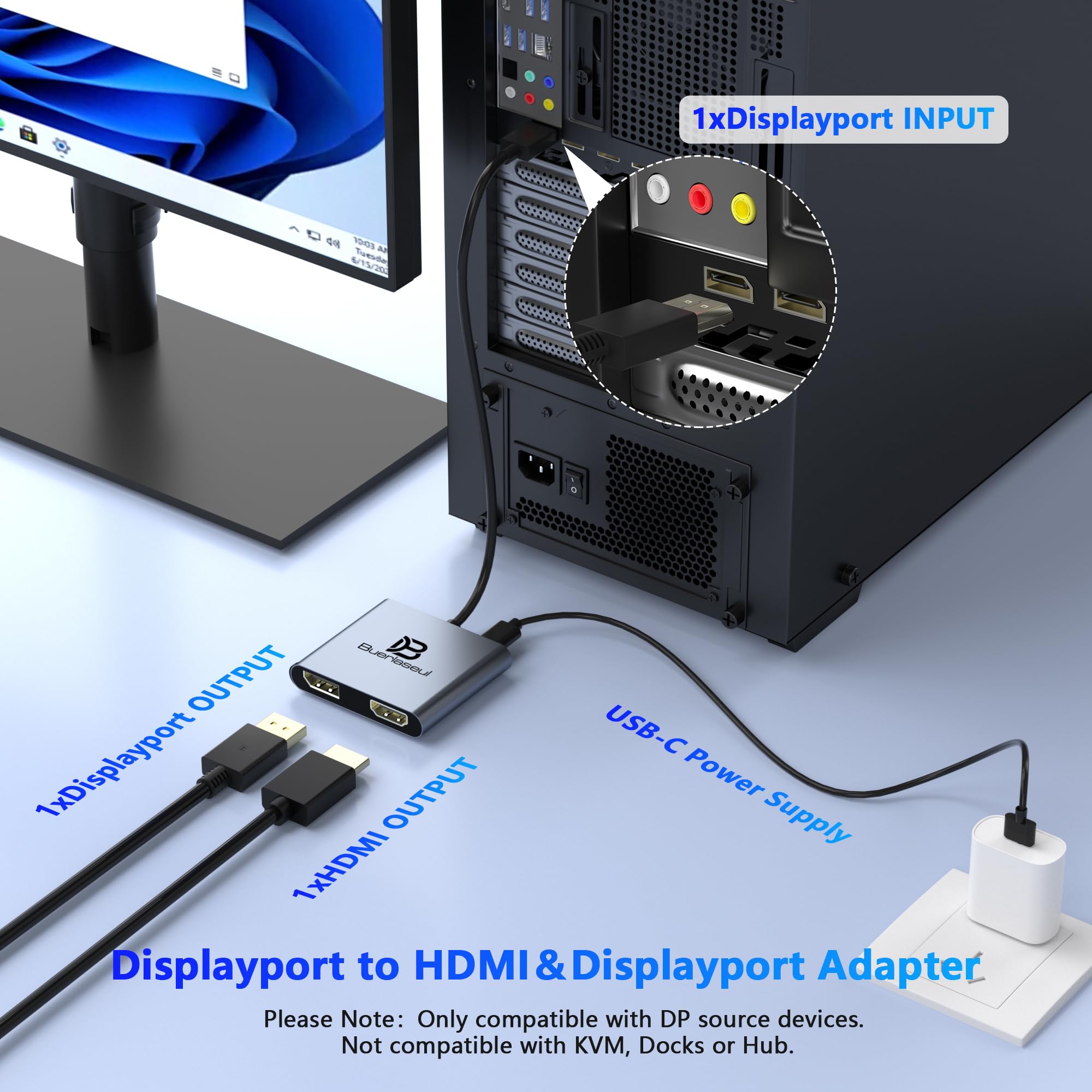 Répartiteur DisplayPort 1 entrée 2 sorties, répartiteur de port d'affichage pour deux moniteurs 4K @ 60 Hz, hub MST à affichage étendu pour écrans HDMI et DisplayPort, adaptateur DP vers DP/HDMI pour