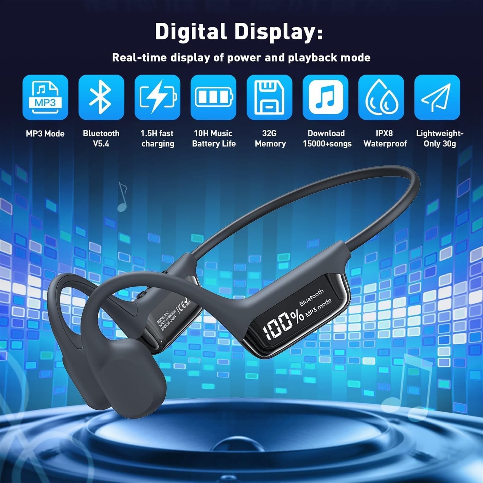 ZVD Casque Conduction Osseuse sans Fil,Casque de Natation IPX8 Étanche Version 5.4,Écouteur Sport Ouvert avec Lecteur Audio Intégré 32G Mémoire pour Natation, Vélo et Course à Pied