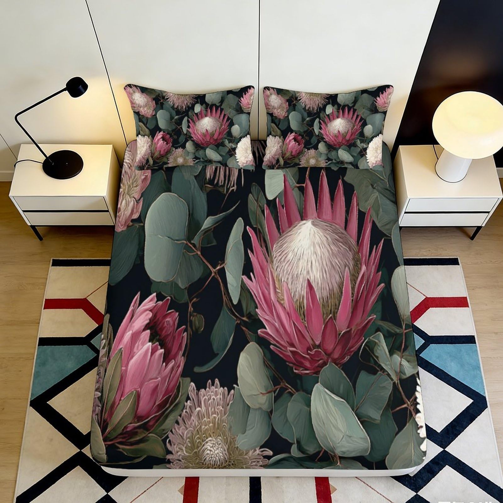 3D Printed Pink Protea Fitted Sheet Microfiber Soft Breathable Floral Mattress Cover for Bedroom Dormitory Guest Room Mattress Protection Decor 160x200x25cm