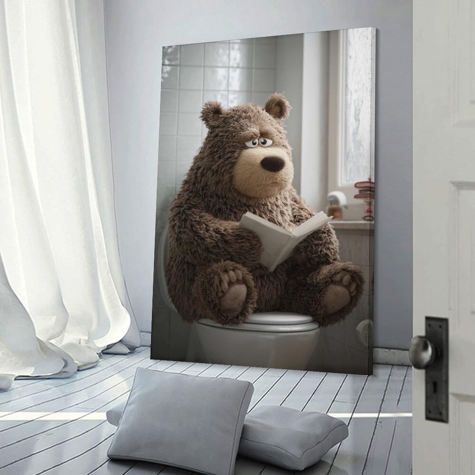 Junmoney Bear Reading on Toilet Decorative Wall Artwork, 08x12inch(20x30cm), for Home Lounge, Bedroom Or Reading Nook, Easy Decor for Gallery Walls