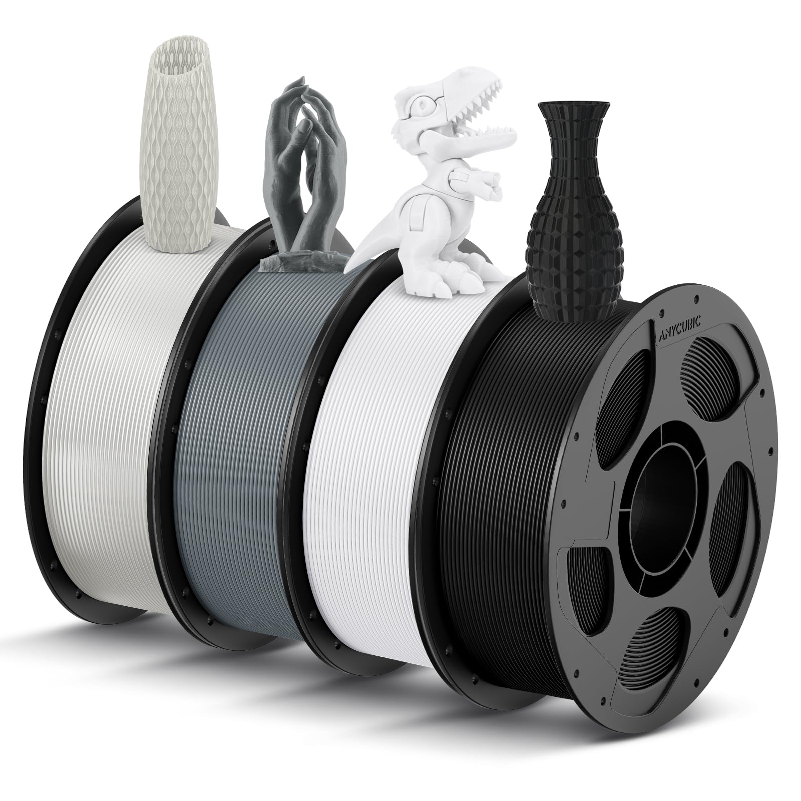 ANYCUBIC Filamento PLA 1,75 mm, Filamento PLA per Stampante 3D, Confezione Sottovuoto, Identificazione Intelligente per Stampa Intelligente, Nero+Bianco+Grigio+Trasparente, 4KG