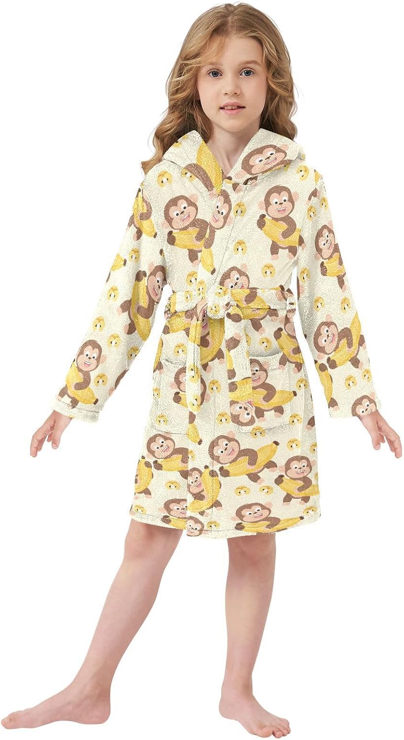 senya Monkey and Banana Toddler Hooded Bathrobe Kids Soft Plush Bath Towel Robes for Boys Girls 2-12 Years