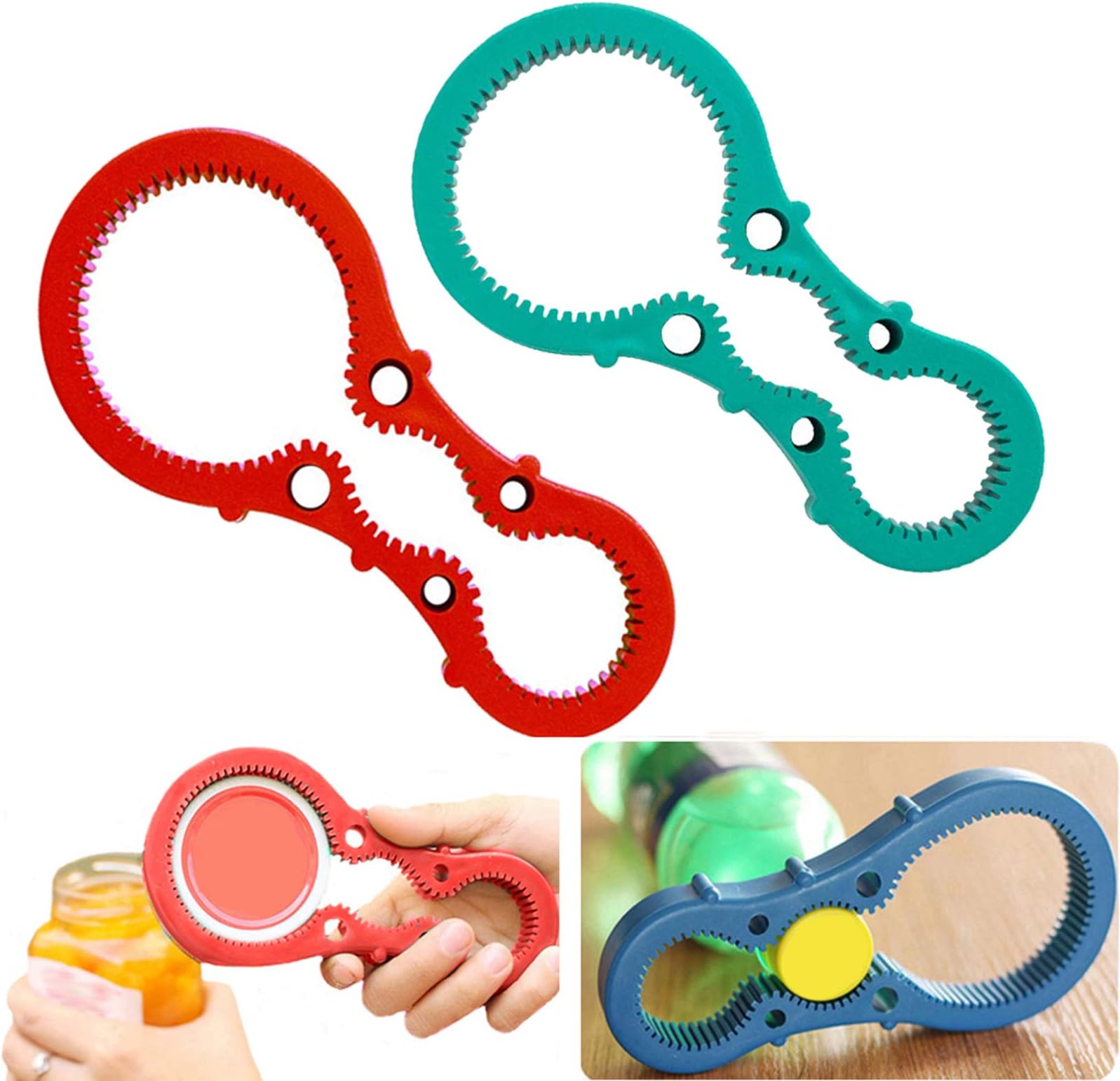 2Pack 3 in 1 Silicone Multi Jar Opener Bottle Opener Anti-slip Bottle Lid Kitchen Twist Tool Opener for Various of Kitchen Cans, Bottles Pops for Weak Hands and Seniors with Arthritis - Red and Green