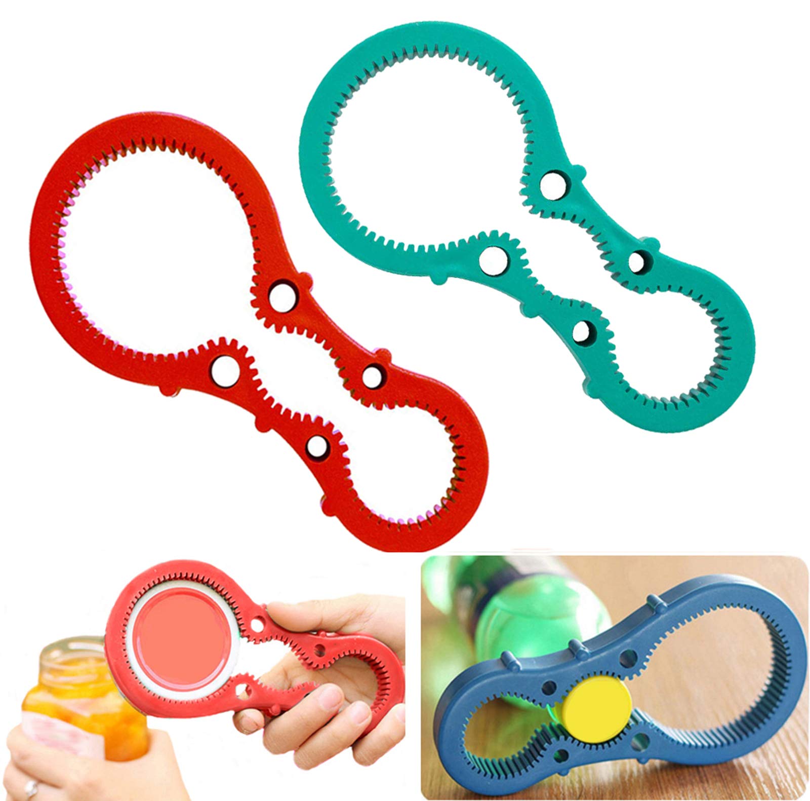 2Pack 3 in 1 Silicone Multi Jar Opener Bottle Opener Anti-slip Bottle Lid Kitchen Twist Tool Opener for Various of Kitchen Cans, Bottles Pops for Weak Hands and Seniors with Arthritis - Red and Green