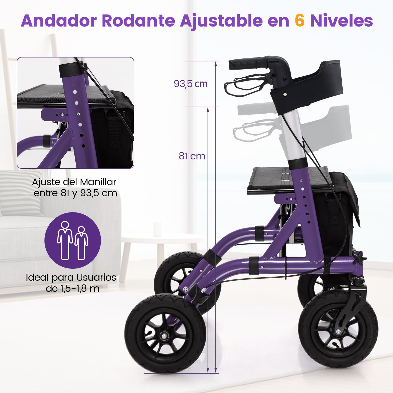 COSTWAY Andador Plegable para Ancianos con Asiento, Andadores Adultos con Ruedas Ajustable en Altura, Rueda Neumática Todo Terreno de 24 cm, Bolsa de Almacenamiento, Capacidad 160 kg (Morado)