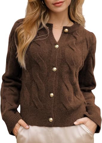 Omoone Short Cardigan Sweaters for Women Loose Crewneck Cable Knit Tops Casual Chunky Button Up Fall Outfits