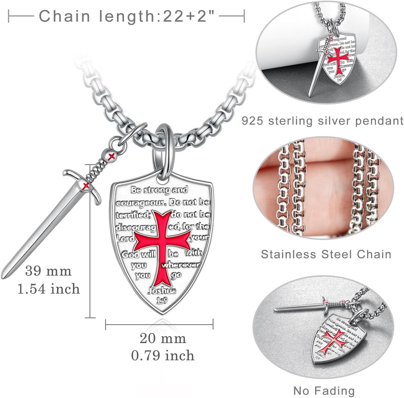 Armor of God Necklace Sterling Silver Knight Sword Neckalce Knights Templar Crusader Religious Cross Pendant Christian Jewelry for Men Women