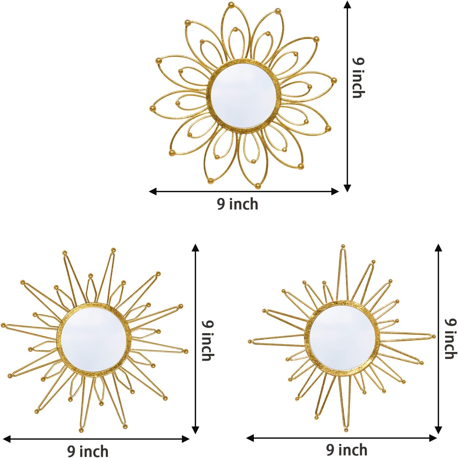 Mirror Wall Decor Gold Mirrors for Wall Metal Sunburst Mirrors Home Decoration Wall Art Decorative Mirror Suitable for Living Room Bedroom Entrance Set of 3