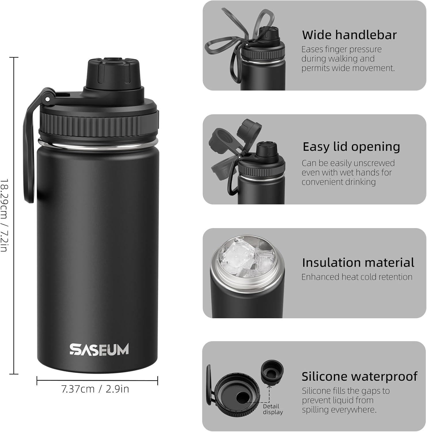 SASEUM Kids Sport Water Bottle 12oz Stainless Steel Double Wall Vacuum Thermal Mug with Leak Proof Spout Lids, Wide Mouth Metal Insulated Water Jug for Gym and Travel(Black) - Image 2