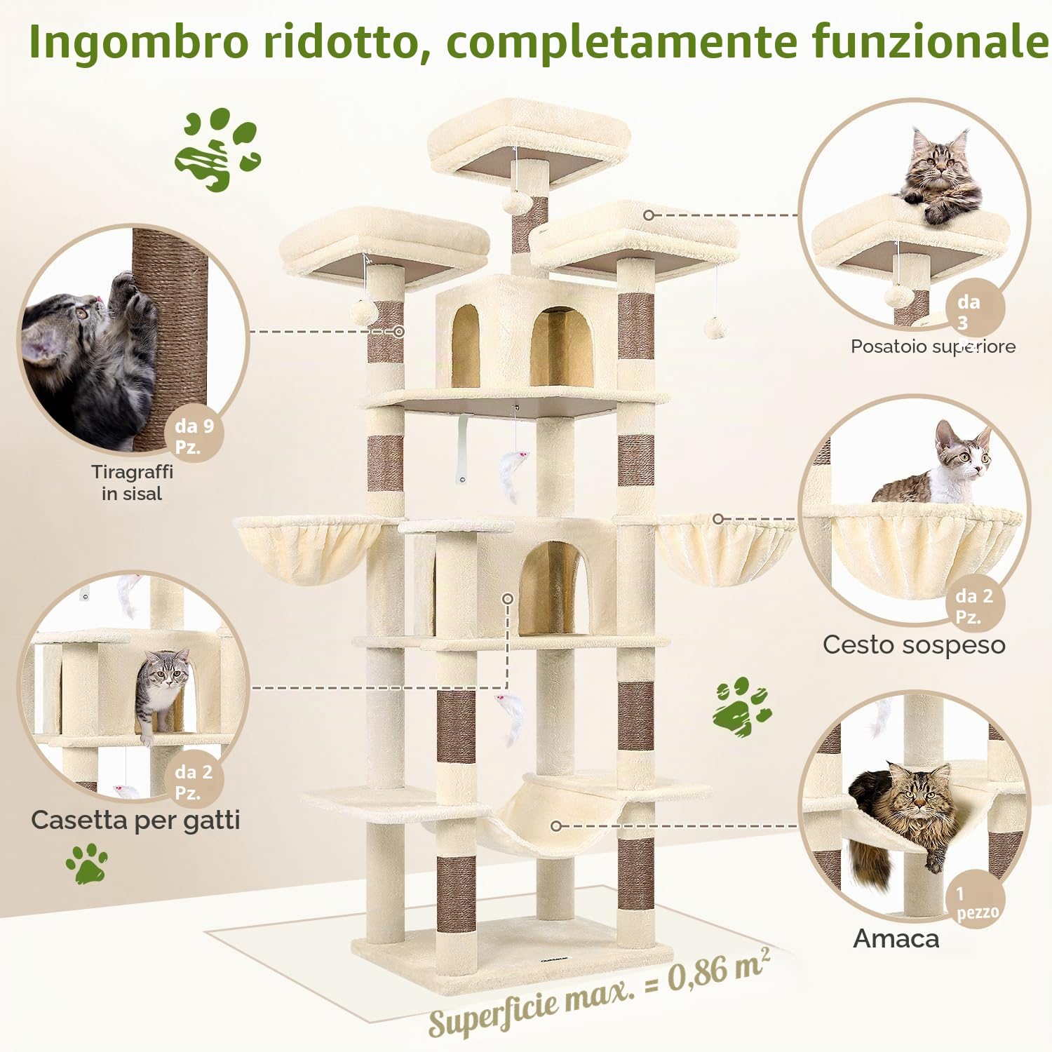 Globlazer Tiragraffi per Gatti Grandi Beige, Castello per Gatto Alto 204 cm con 3 Trespoli Imbottiti, 2 Grotte, 2 Cestini, Amaca, Albero Tiragraffi per Multiplo Grandi Gatti Adulti (F80, Beige)