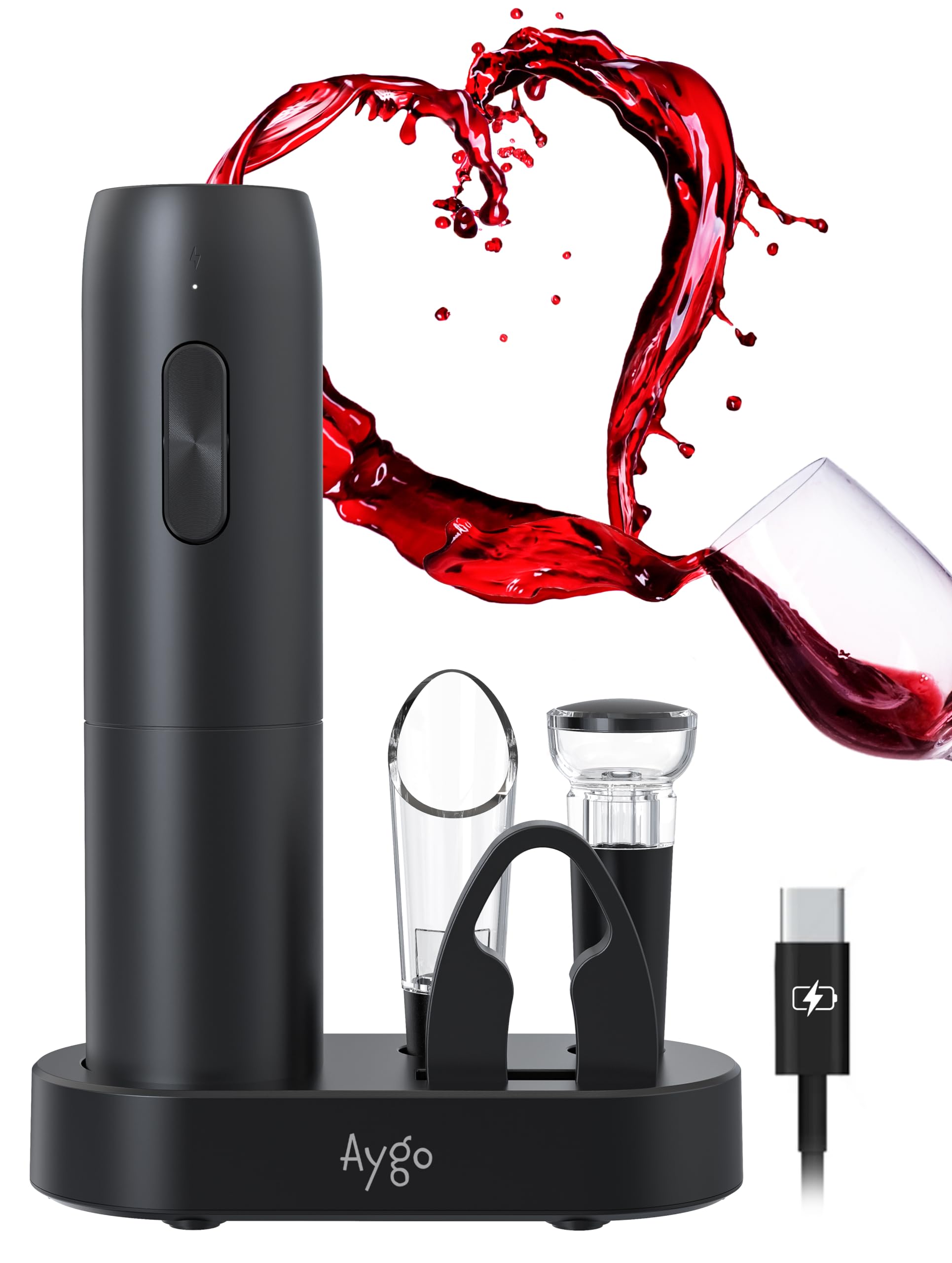 Aygo Cavatappi Elettrico Ricaricabile 5 in 1 Wine Opener con Base, Tagliafoglio, Ventilatore, Pompa Sottovuoto, Tappo per Vino