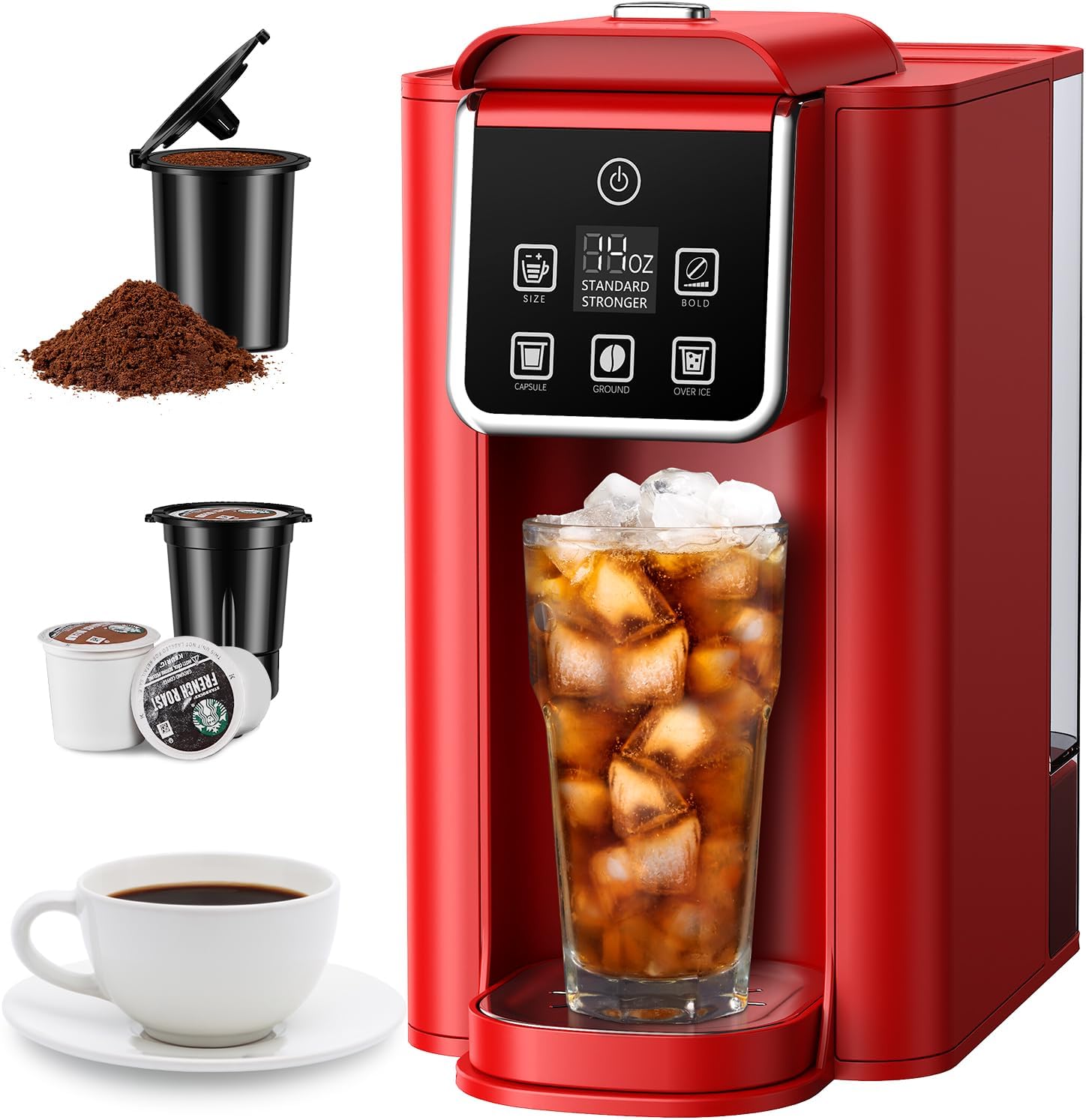 SHARDOR Single Serve Coffee Maker, Hot & Iced Coffee Machine for K Cup and Grounds, 6 to 14 oz Brew Sizes, 50 oz Removable Water Tank, Bold Brew Setting, Pod Coffee Maker with Reusable Filter, Red