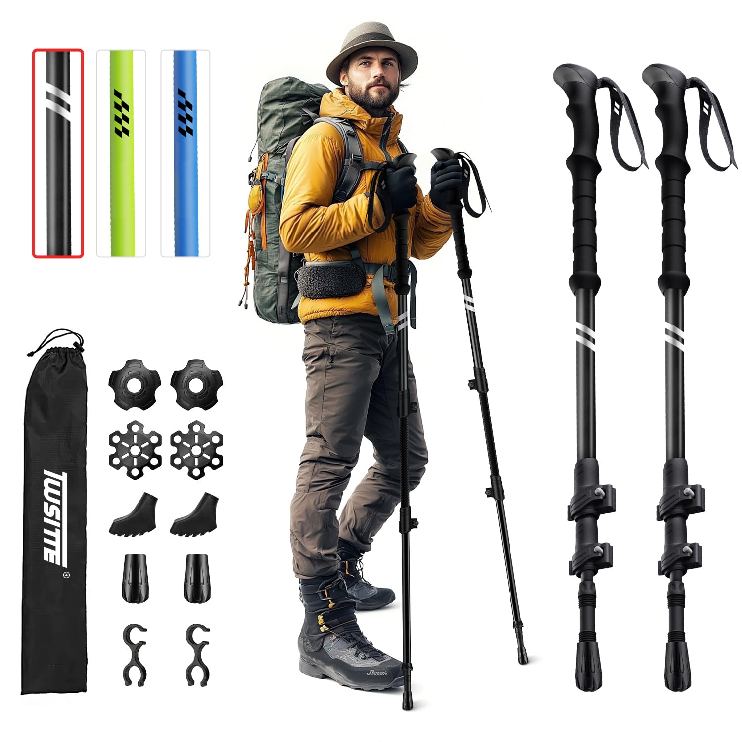 Collapsible Hiking Poles,1 Pair (2 Poles) Lightweight Aluminum Adjustable Walking Poles,Carbon Fiber Trekking Poles with Flip Lock and EVA Grips Suitable for All Kinds of Travel
