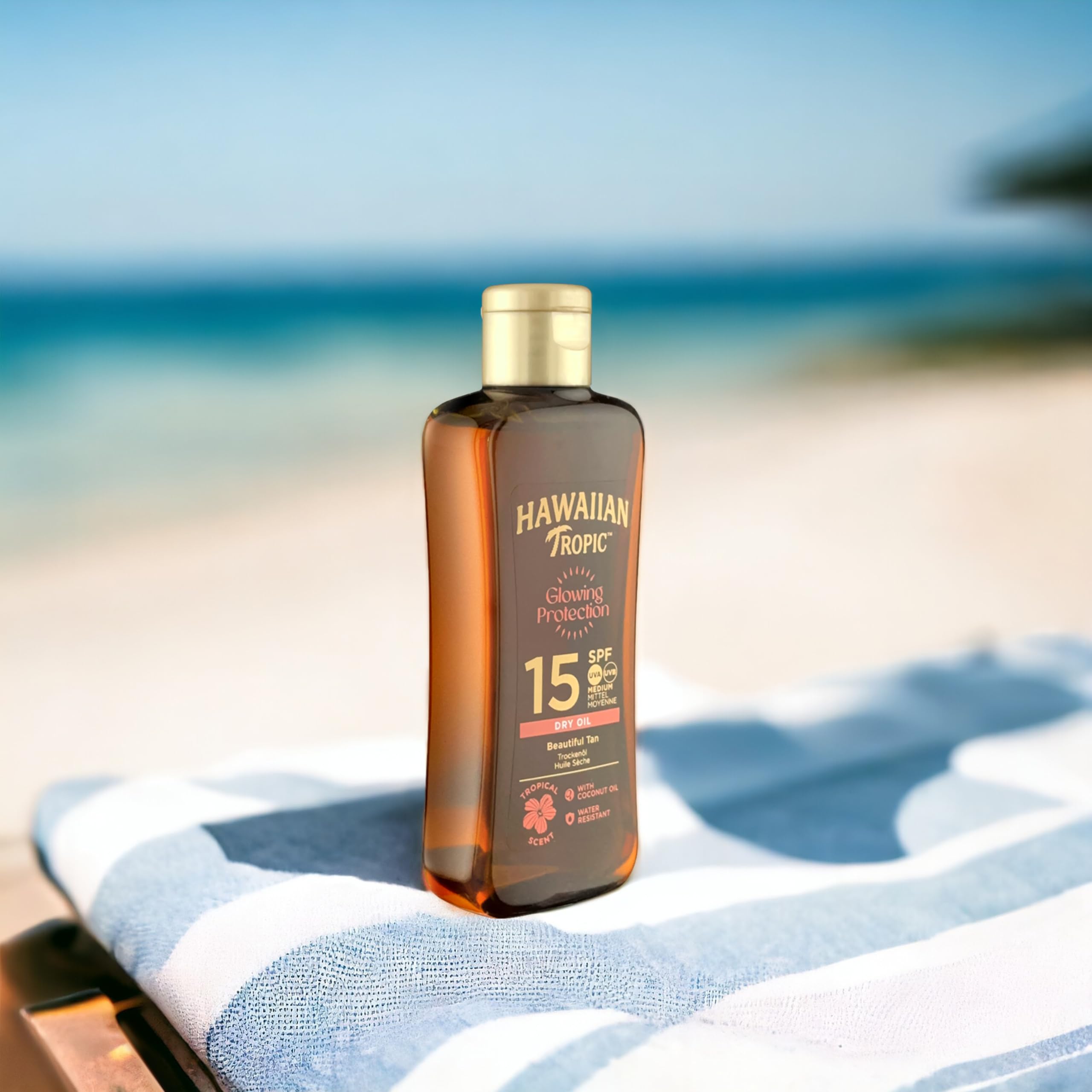 Hawaiian Tropic | Glowing Protection Olio Secco SPF 15, Formato da Viaggio, Profumazione Tropicale, con Burro di Karité, Resistente all'Acqua, Vegano