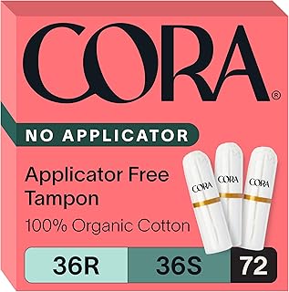Cora Non-Applicator Tampons - 100% Organic Cotton | Ultra-Absorbent, Unscented, Natural, Non-Toxic, Applicator Free | Eco-Conscious (72 R/S Tampons)