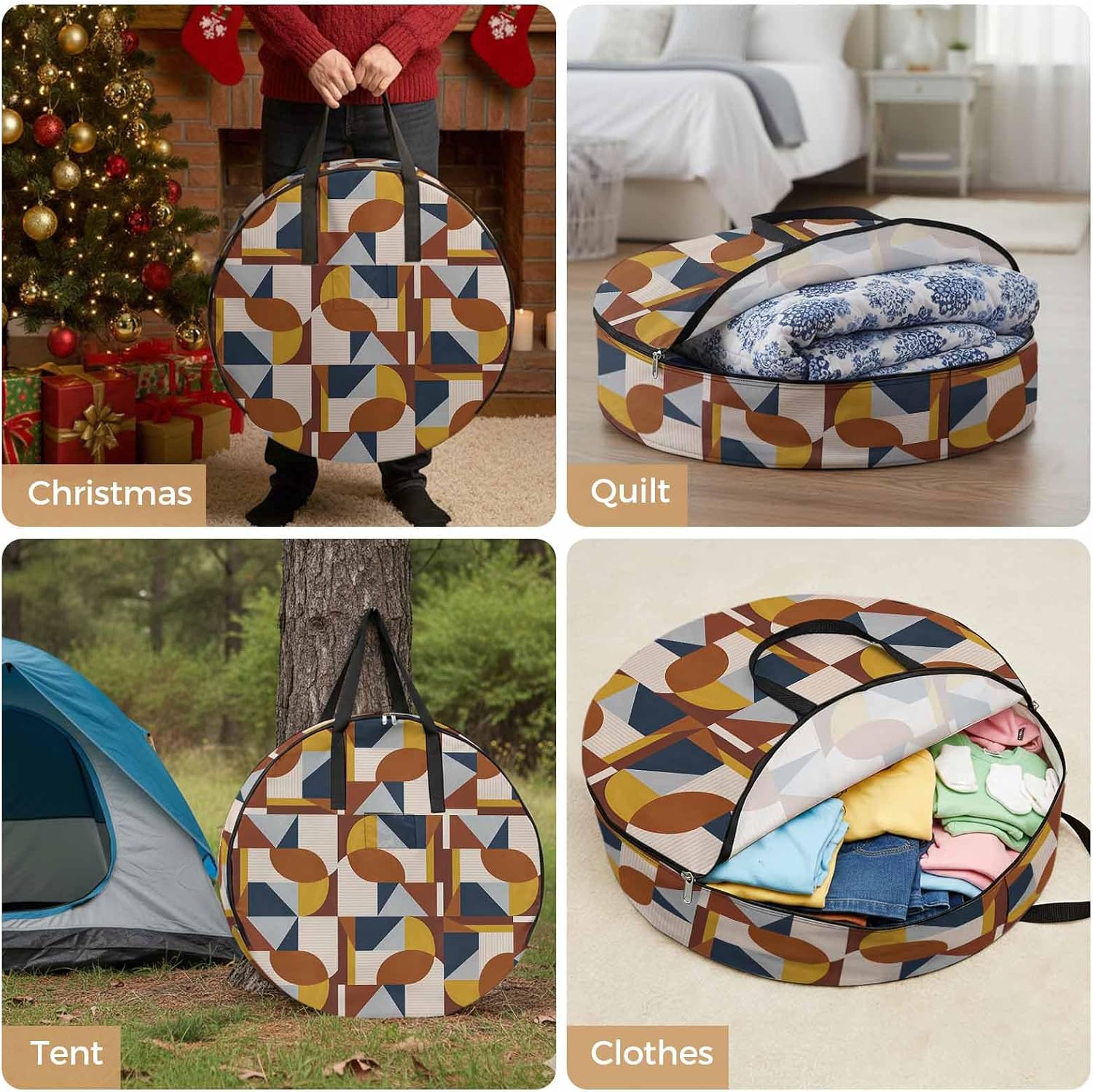 Art Decor Round Storage Bag 36 Inch, Mid-Century Modern Abstract Geometric Multi Color Clothes Storage Container with Handles Heavy Duty Organizer for Comforter, Bedding & Holiday Wreaths