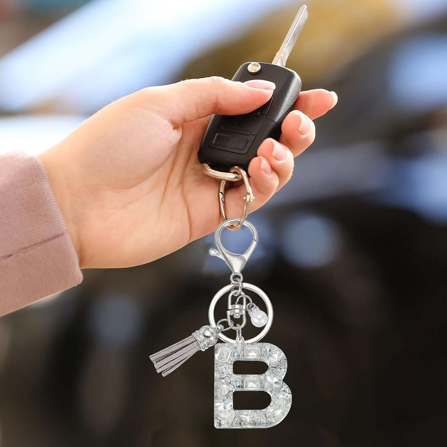 uxcell Initial Letter Keychain with Tassel and Pearl, Bling Alphabet Letter Keyring Rhinestone Keychains with Key Ring - Image 5