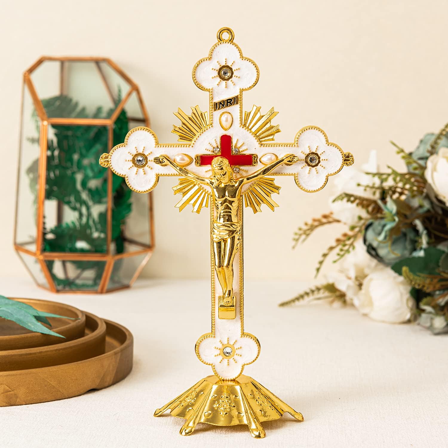 Calculs Metal Jesus Crucifix Table Cross - Catholic Table Cross With Stand For Christian Prayers Jerusalem Home Decor 8" Gold - Image 3
