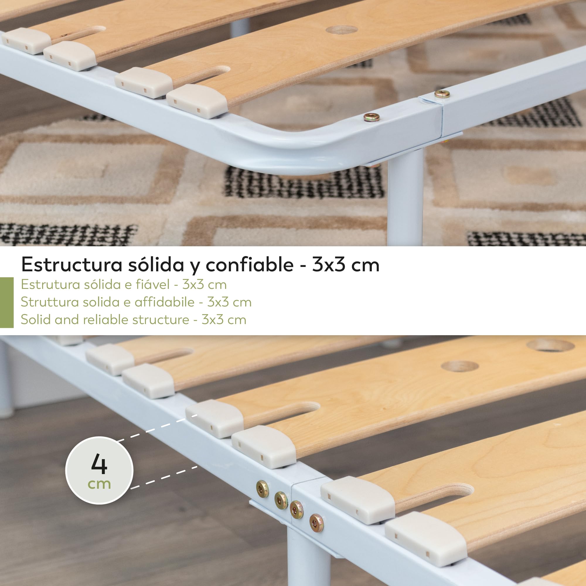 Somier Austen IF17 100x200 cm con Lamas de Madera de Abedul Amortiguadas, Estructura Metálica Blanca, Altura de 23cm con Espacio de Almacenaje Inferior