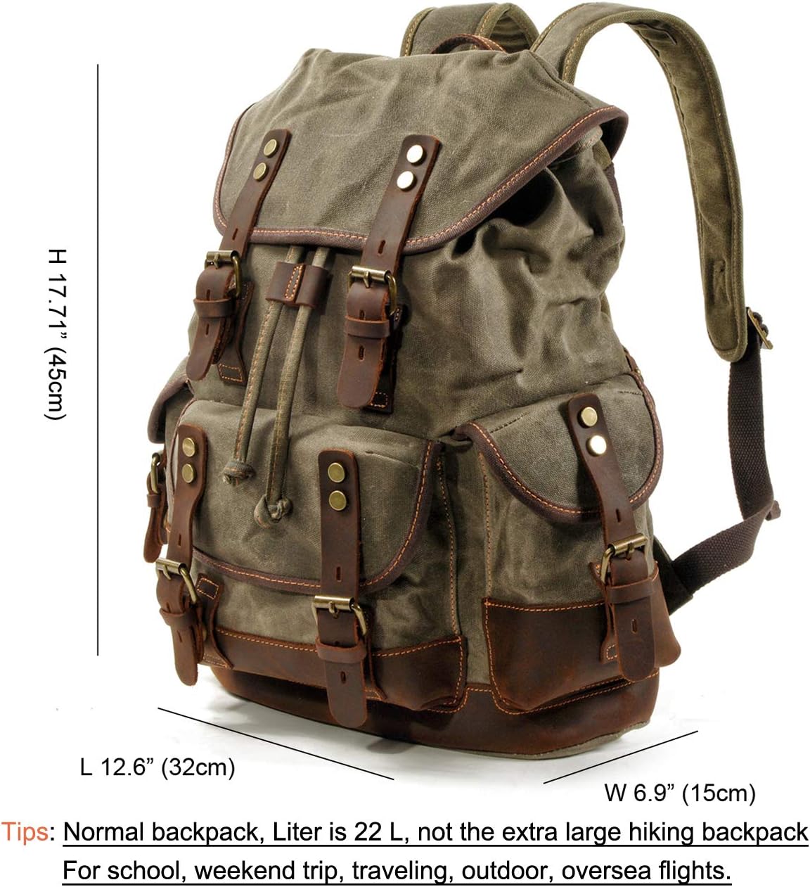 WUDON Men Travel Backpack, Genuine Leather-Waxed Canvas Shoulder Hiking Rucksack - Image 3