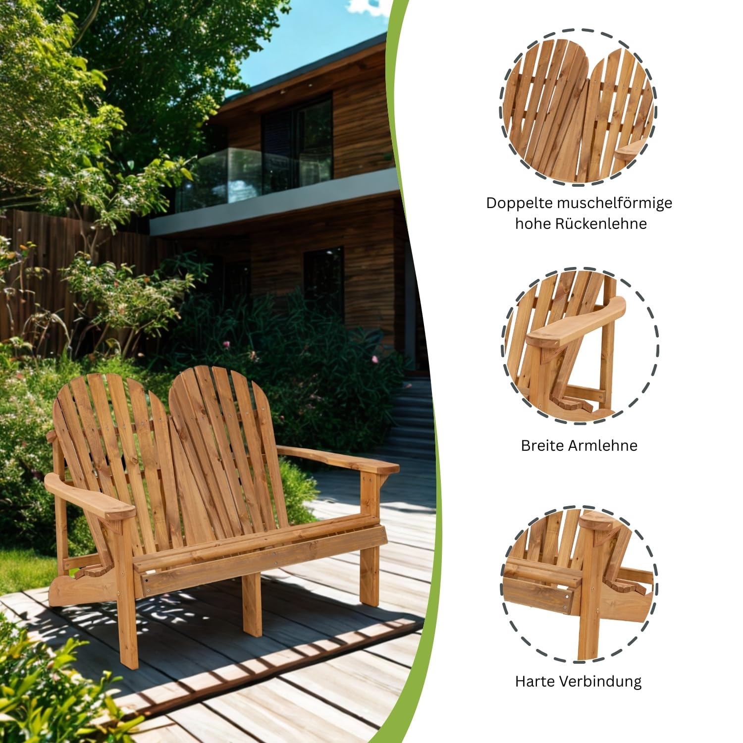 Doppel Adirondack Stuhl Holz – Massiver 2-Sitzer Gartenstuhl aus skandinavischer Kiefer, wetterfest imprägniert, belastbar bis 220 kg, ergonomische hohe Rückenlehne, einfache Montage
