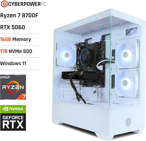 CyberpowerPC Wyvern Gaming PC - AMD Ryzen 7 8700F, Nvidia RTX 5060 8GB, 16GB RAM, 1TB NVMe SSD, 650W 80+ PSU, Wi-FI, Windows 11, Prism Panoramic RGB White - 2