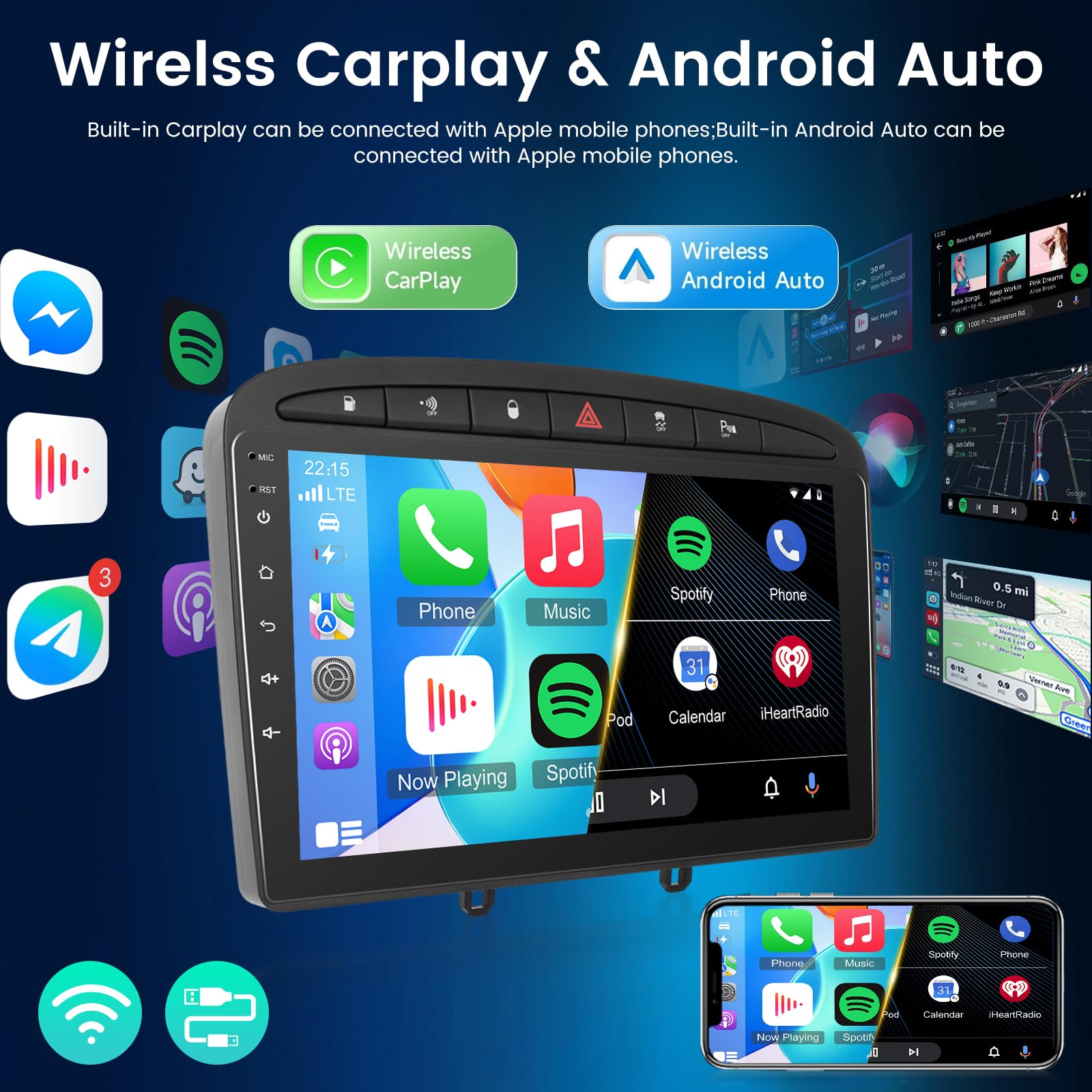 NHOPEEW 4+64G Radio Voiture pour Peugeot 308/408 2007-2013 - Radio Android 9 Pouces avec sans Fil Carplay et Android Auto - Mirror Link 32EQ DSP Écran Divisé + Caméra de Recul & Microphone