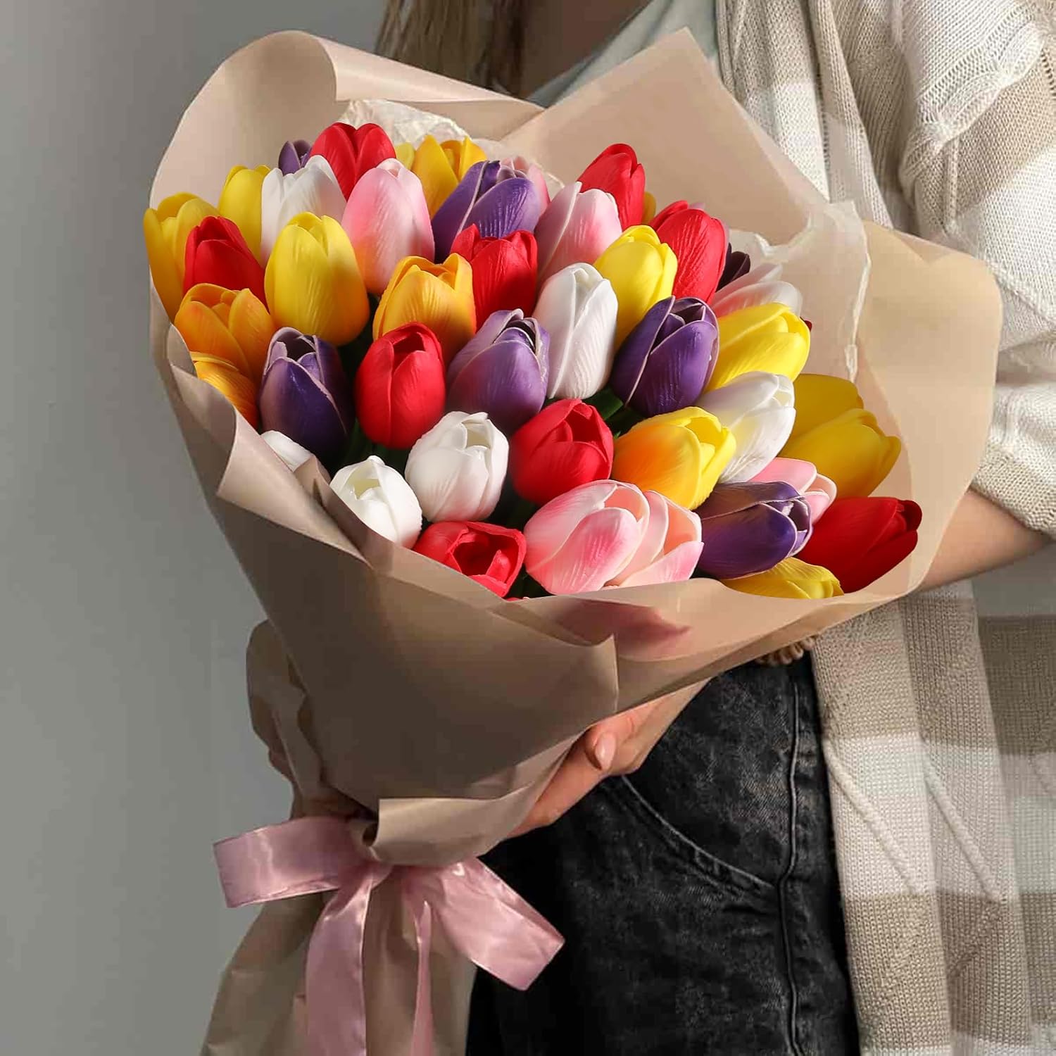 Yellow Fake Tulips Artificial Flowers - 24 Pcs Artificial Silk Yellow Tulips Faux Flowers with Stems for Home Wedding Hotel Office Centerpiece Decor - Image 9