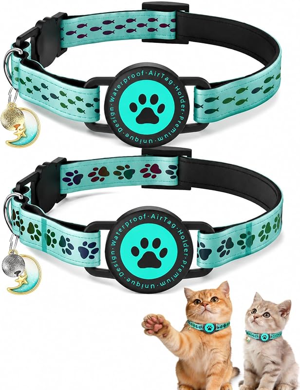 Coleira para Gatos com Suporte para Apple AirTag, Silicone Macio, Refletiva e Breakaway Verde, Pacote com 2