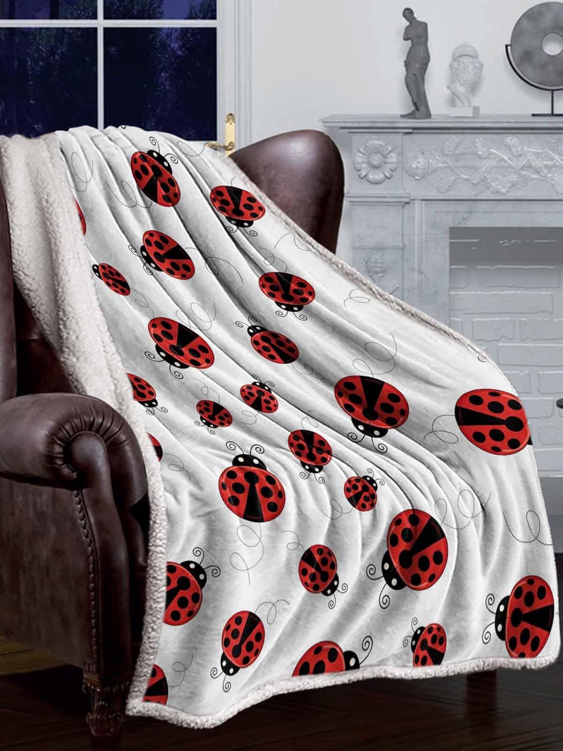 Ladybug Sherpa Fleece Luxury Blanket - Warm & Cozy Super Soft Reversible Throw, 40"x50", Red Ladybug on White Background - Image 2