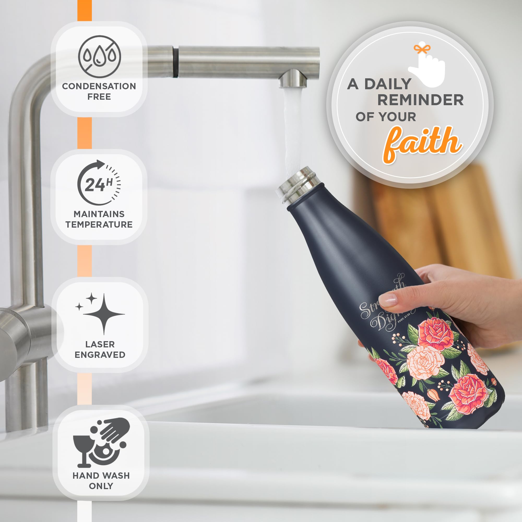 Christian Art Gifts Stainless Steel Double Wall Vaccum Sealed Water Bottle for Women: Strength & Dignity - Prov. 31:25 Inspirational Bible Verse, Leak-proof, BPA-free, Navy/Pink Rose Floral, 17 oz.