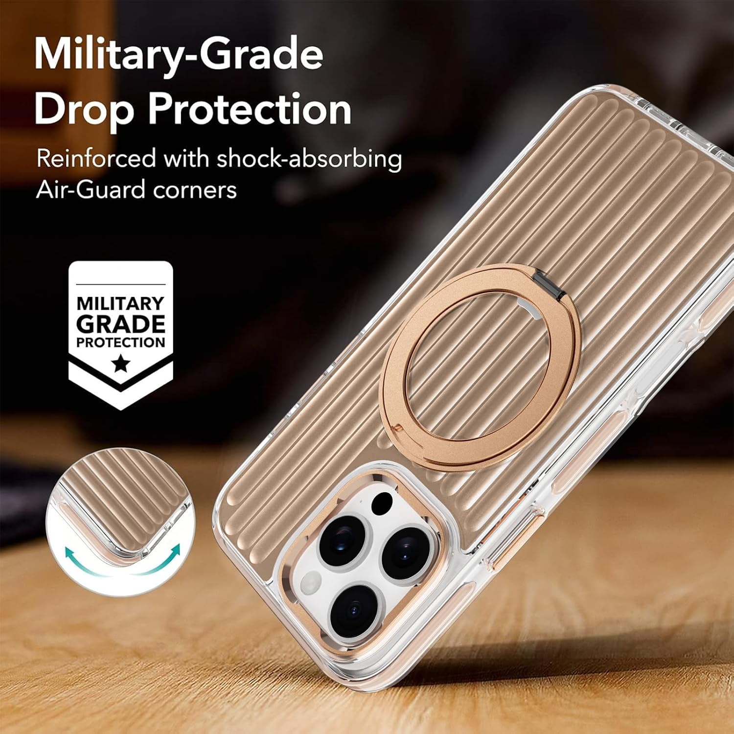 Phone Case Compatible with iPhone 16 Pro, with Magnetic Stand, Ring Kickstand, Compatible with Magsafe, Military Protection Gold