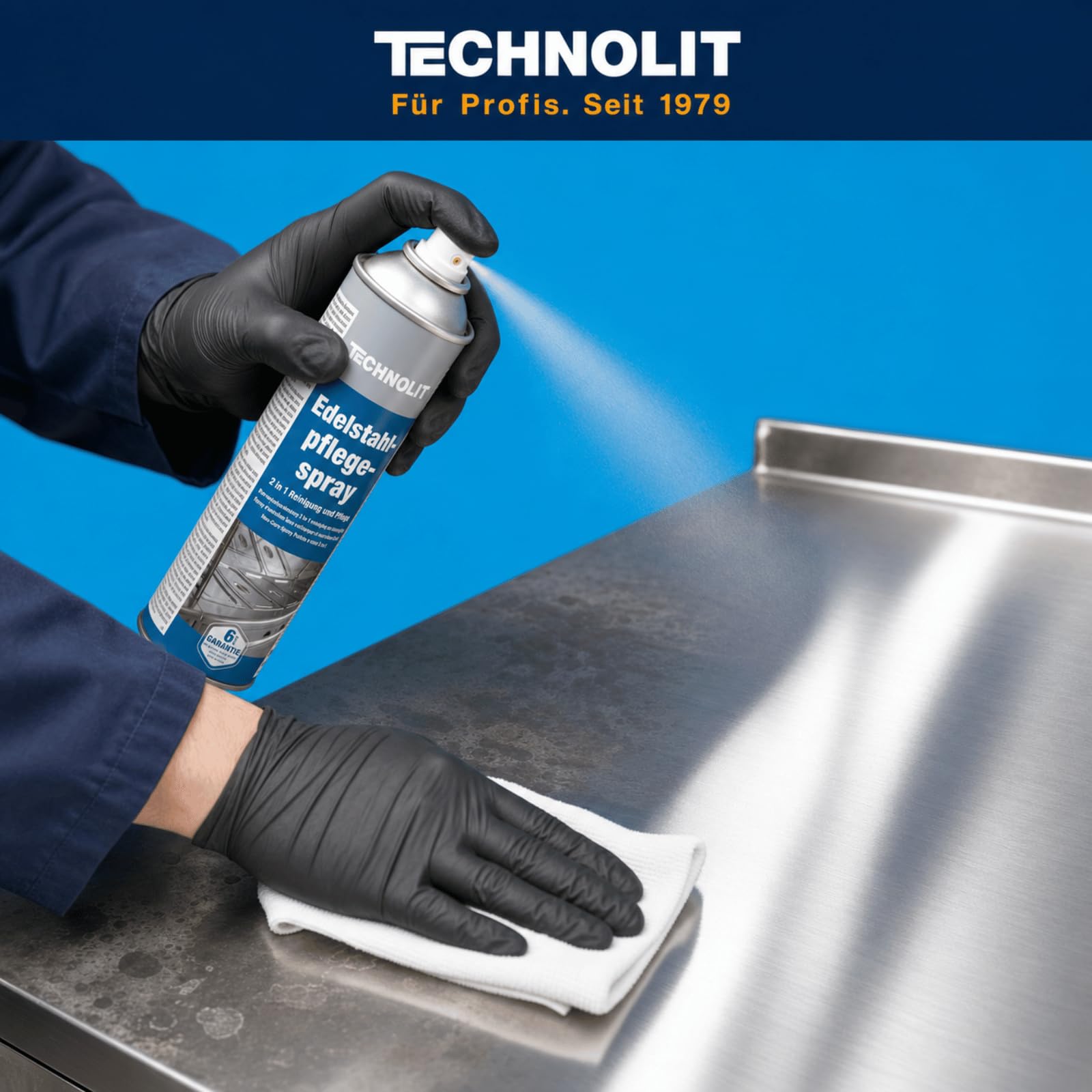 TECHNOLIT CleanBrand Edelstahlpflege-Spray 500ml | 2-in-1 Edelstahlreiniger | Pflegemittel für Metallflächen | Entfernt Fett, Kalk sowie Schmutz | Antistatische Wirkung + Glanz | VA Metallreiniger