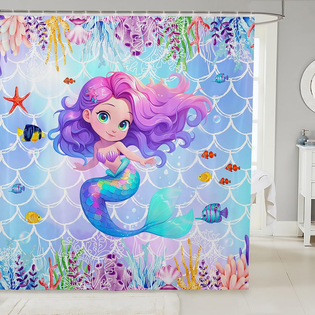Rideau de douche imperméable château et princesse pour enfants 183x183 cm avec 12 crochets