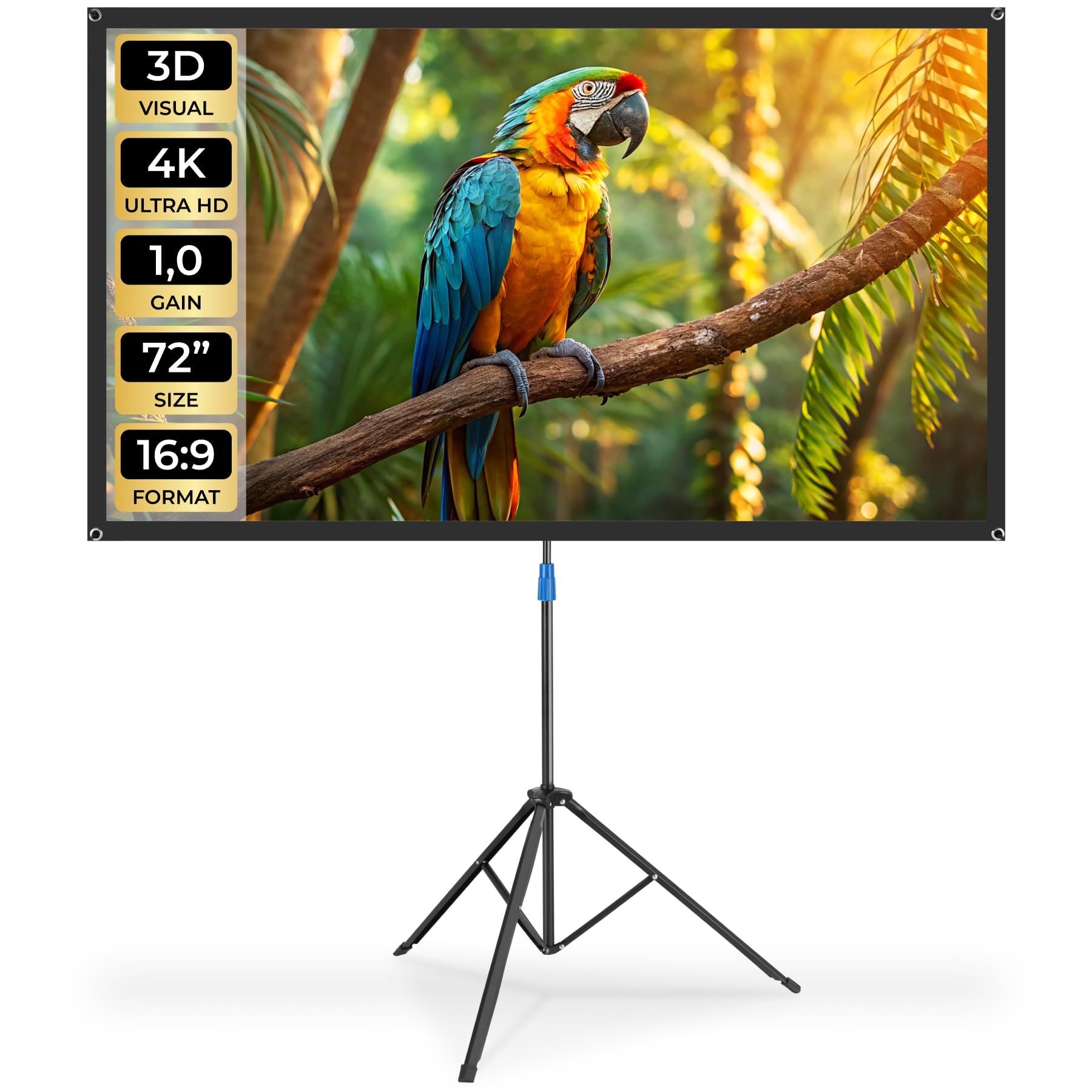tectake® Beamer-Leinwand 72 Zoll mit Stativ, 160x90cm, Format 16:9, 4K HD, 160° Betrachtungswinkel, Gain Faktor 1.0, Projektionswand, Projektionsleinwand, Heimkino, Leinwand, mit Tragetasche