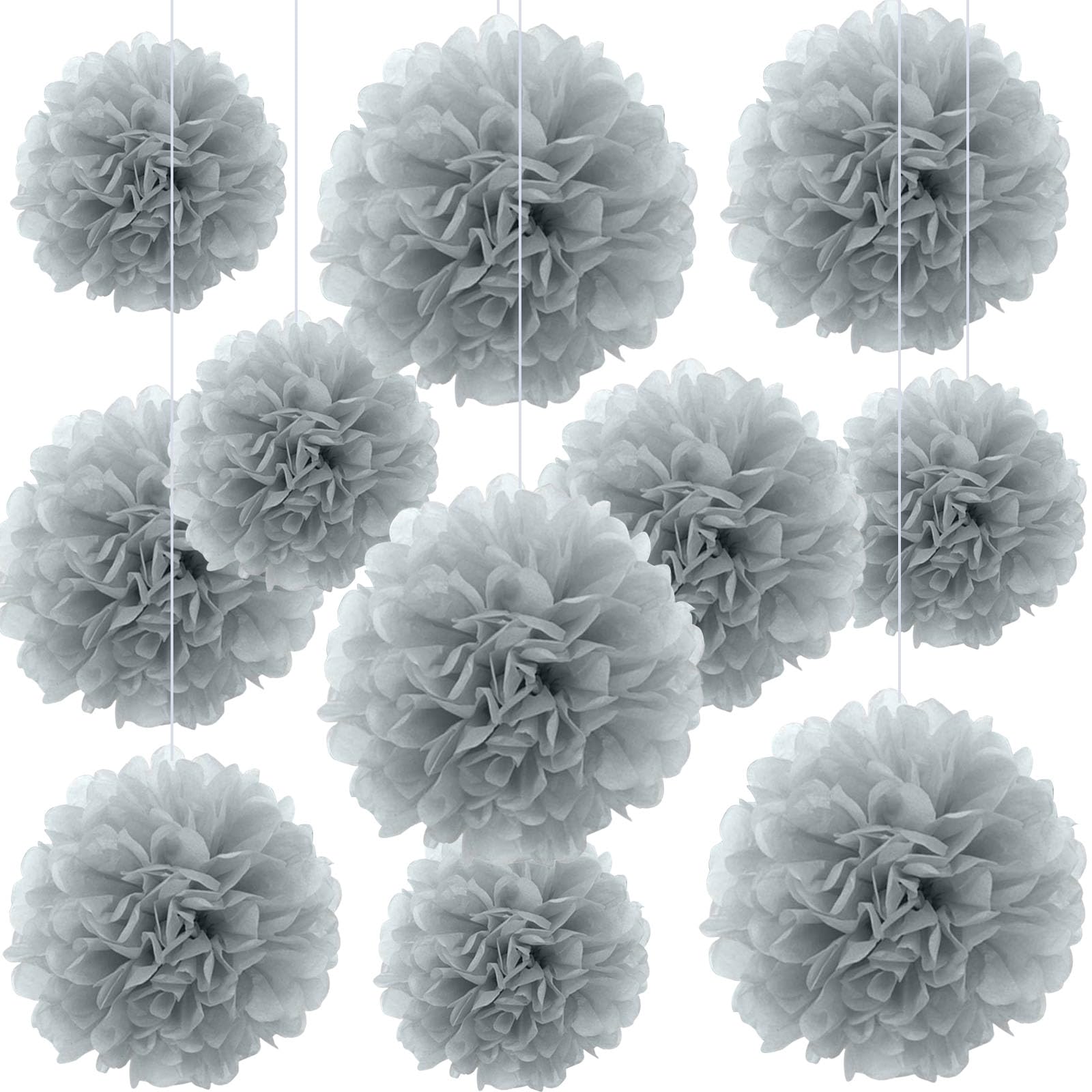 20 PCS Grey Tissue Paper Pom Poms, Tissue Pom Poms Flowers, Sizes of 6", 10", 12", 14" Hanging Paper Flower Ball for Wedding, Birthday, Halloween, Christmas, Baby Shower Party Decor