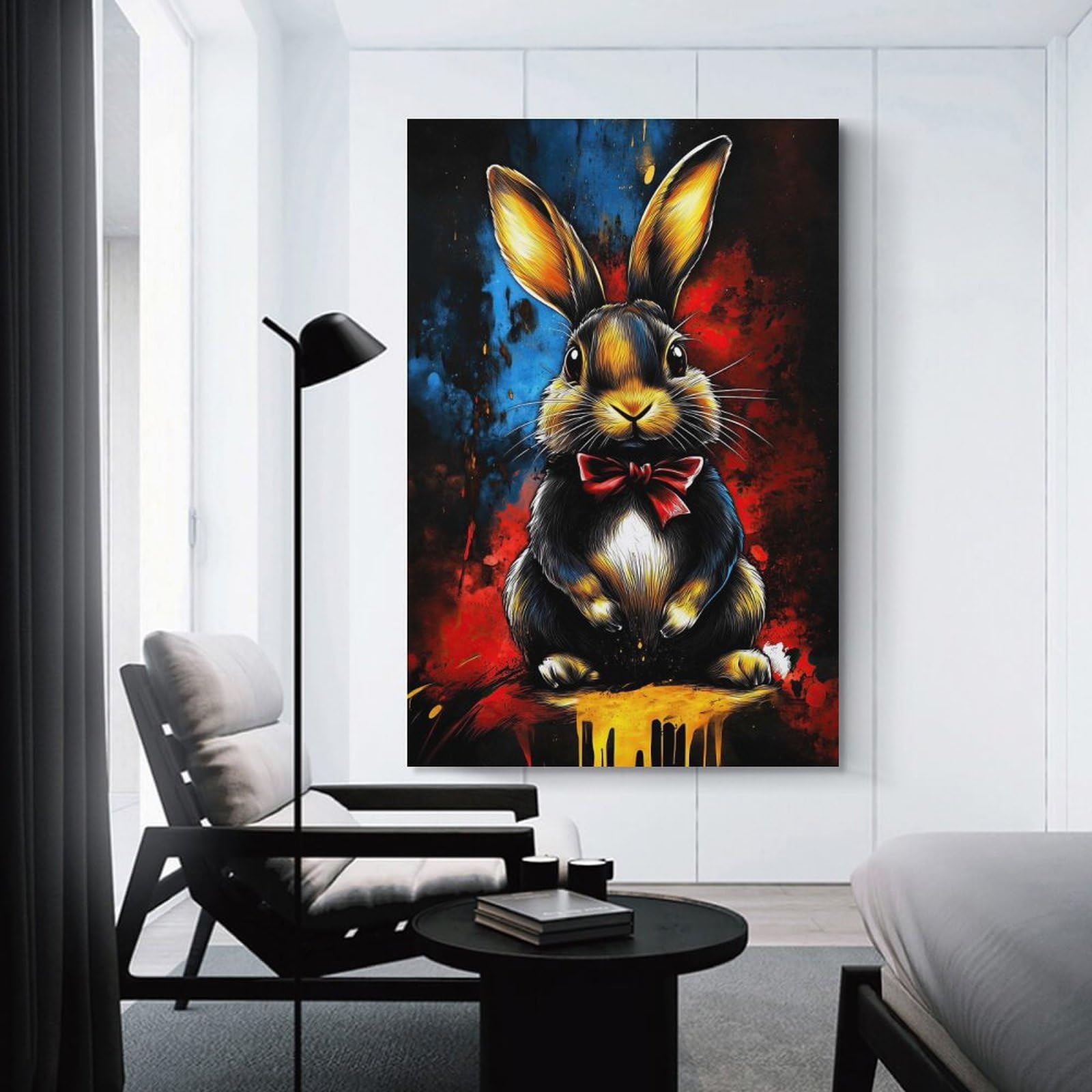 Junmoney Rabbit with Bow Tie Home Decor Wall Art, 24x36inch(60x90cm), for Living Room, Bedroom Or Home Office, Home Decor Gift with Stylish Appeal