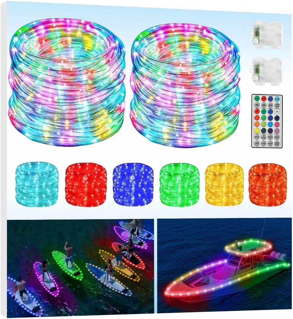 Battery Powered Golf Cart String Lights, 2 Pack Total 50FT IP68 RGB Dream Color Chasing Waterproof Golf Cart Parade Lights, Boat String Interior Light for SUP, Pontoon, Truck, RV, Pool