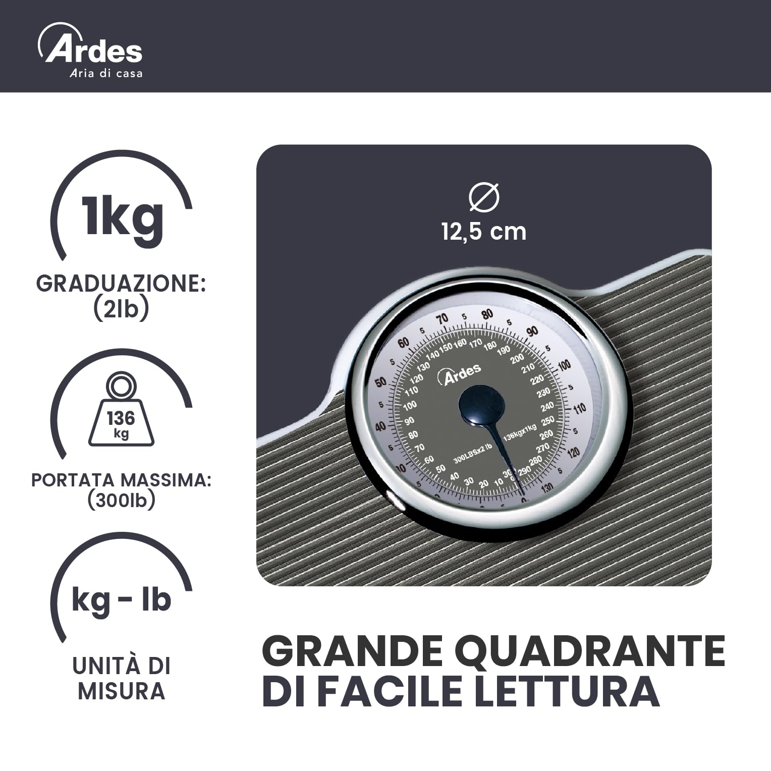 ARDES - AR2PP2M Pèse-Personne Mécanique Sans Piles Style Vintage avec Tapis Antidérapant - Poids en Kilos et en Livres